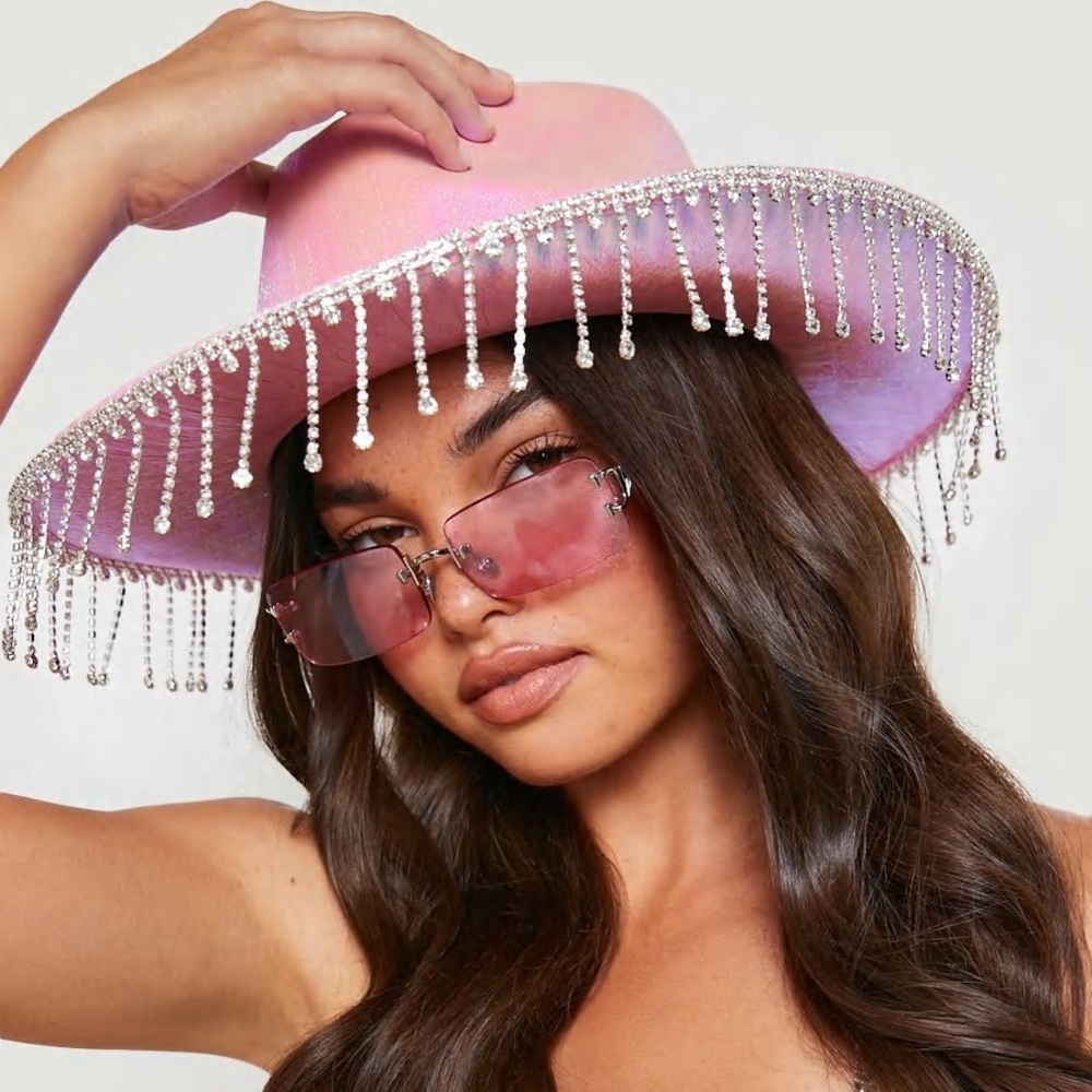 Pink Cowboy Hat with Rhinestone Fringes